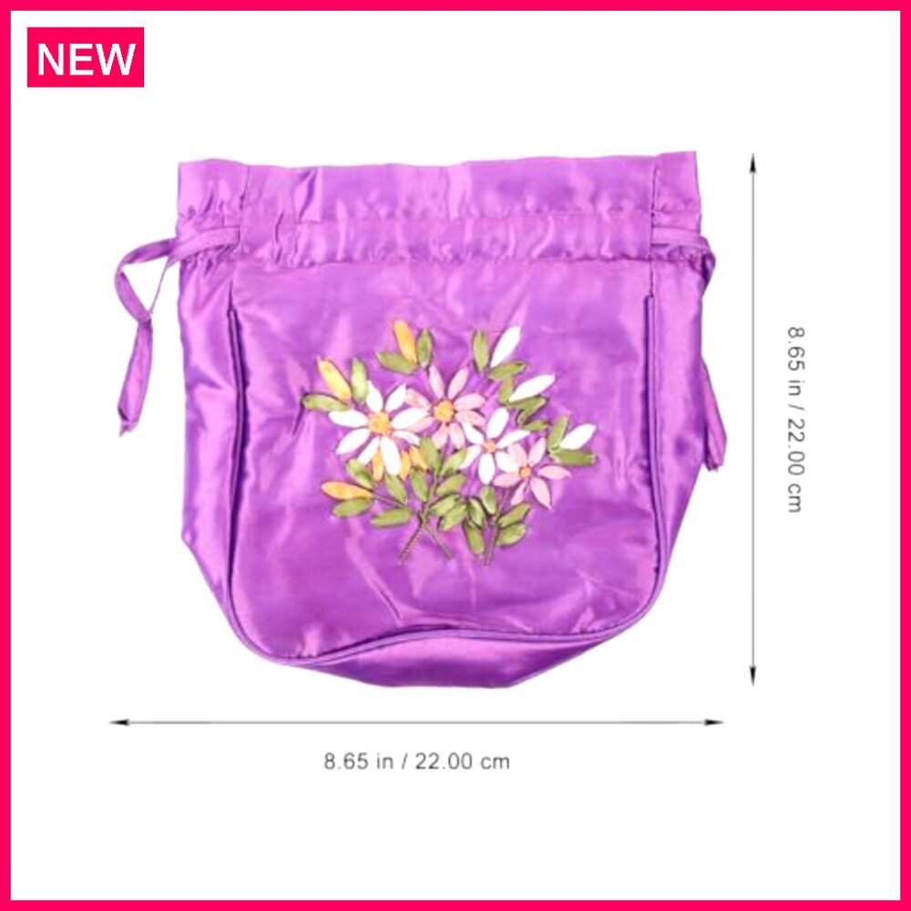 Silk Drawstring Tote Bag with Embroidery, 8.66x8.66 Inches - Picture 5 of 8